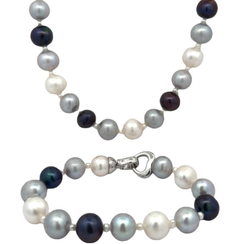 White Gray And Black Pearl Necklace And Bracelet Set